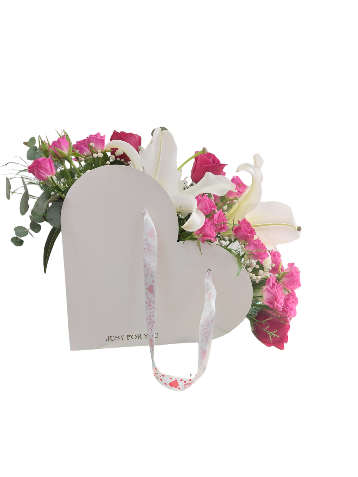 Lilies,%20Red%20Roses,%20Pink%20Arbor%20Roses%20in%20a%20Heart%20Flower%20Bag