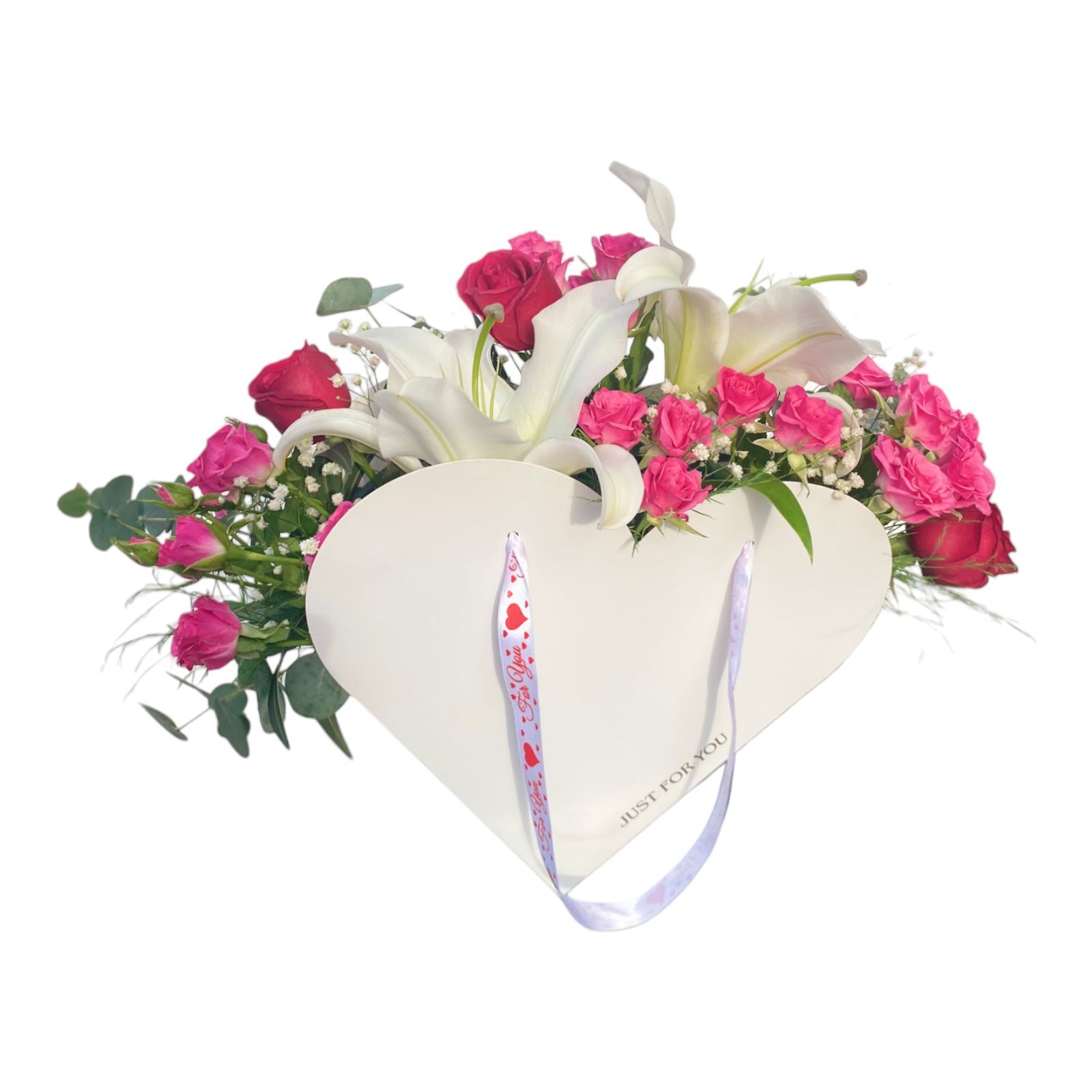 Lilies,%20Red%20Roses,%20Pink%20Arbor%20Roses%20in%20a%20Heart%20Flower%20Bag