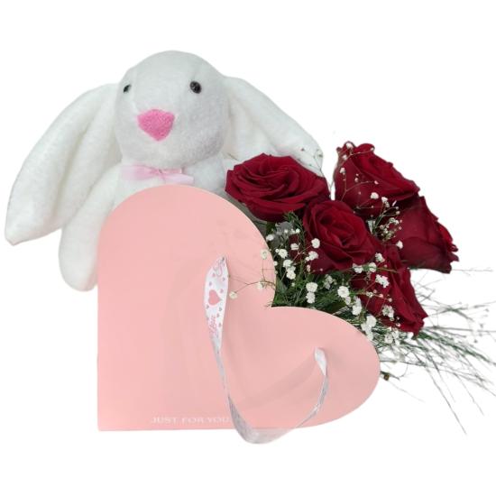 Cute Rabbit and Red Roses in a Heart Flower Bag